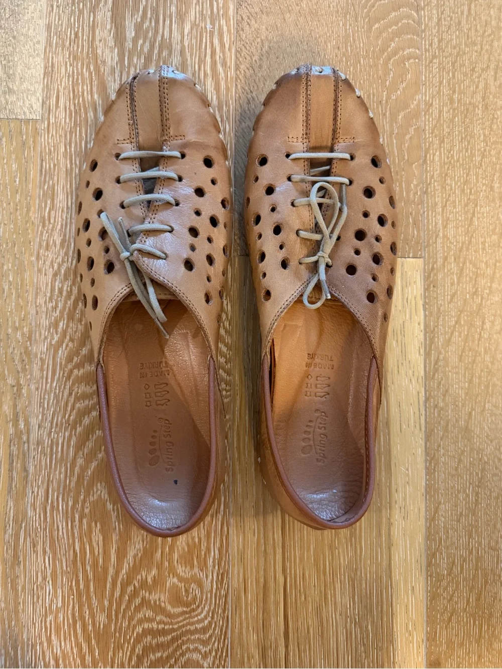 Spring Step Tan Perforated Leather Lace-Up Loafers used
